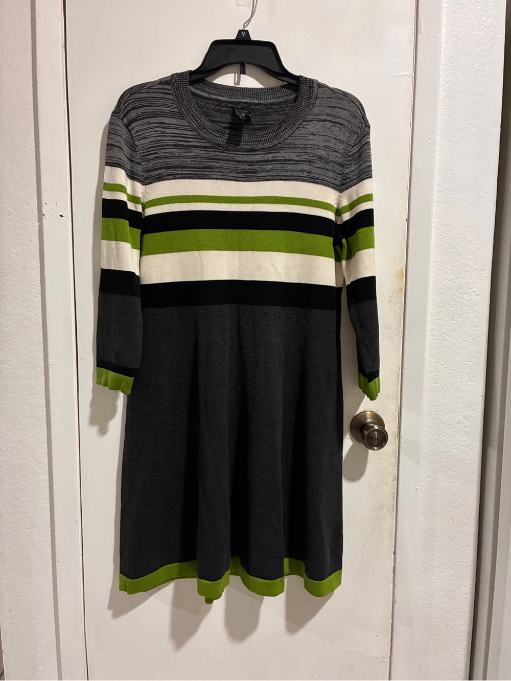 Striped Long-Sleeve Knit Dress in Gray, White & Green